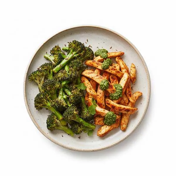 Tandoori Spiced Chicken Breast with Cumin Roasted Broccoli & Cilantro Pesto